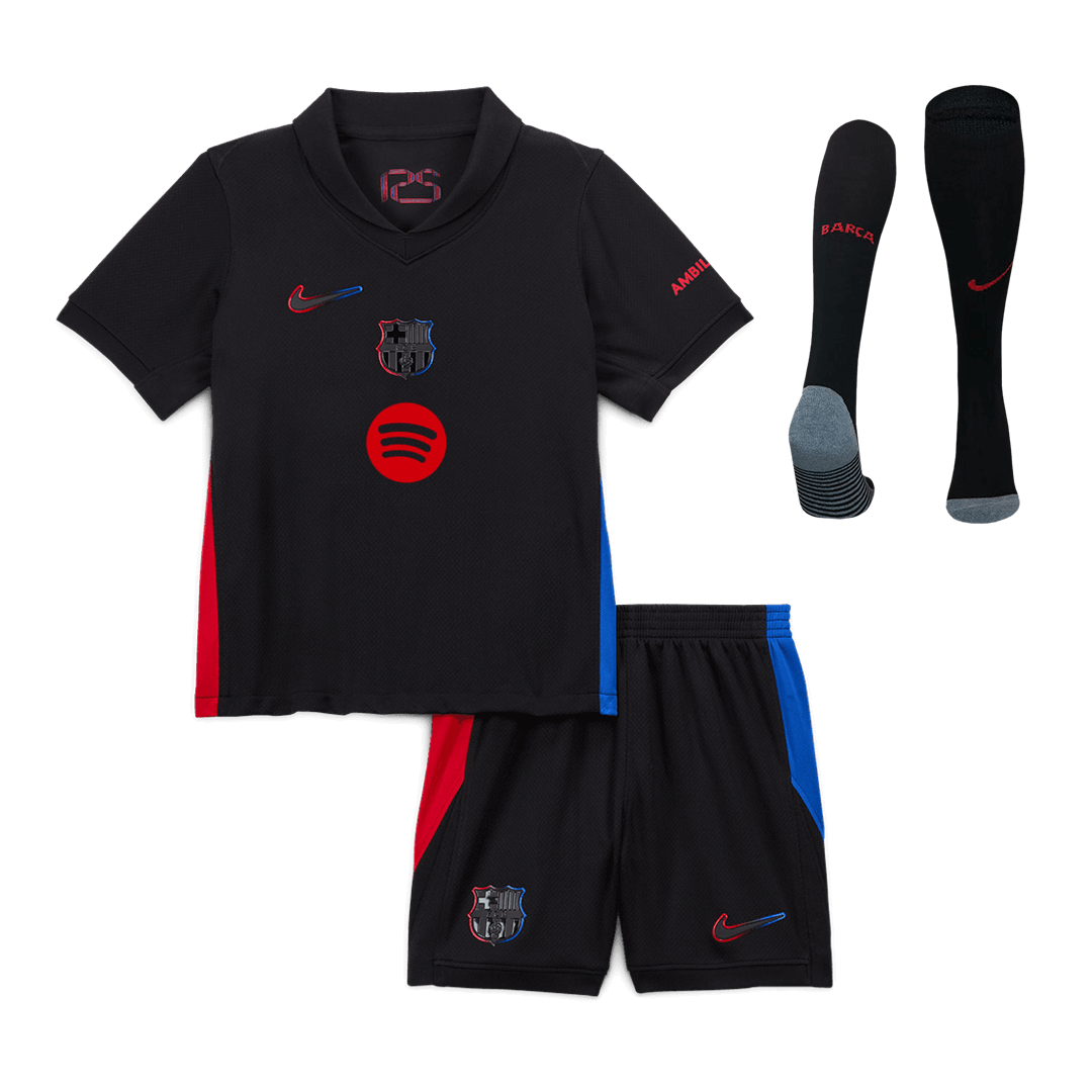 Barcelona children's away soccer kit (jersey + shorts + socks) 2024/25 - Spotify logo without text Go Soccer World Shop